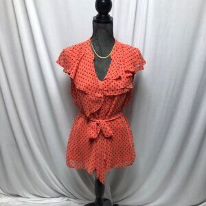 Worthington Blouse Womens Size Large Coral Black Sheer VNeck Ruffles Camisole